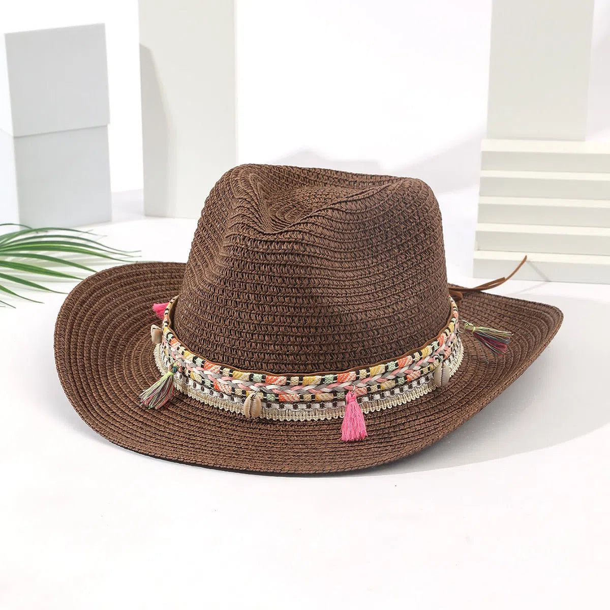 Wholesale Women Pink Tassel Cowboy Hat Floppy Beach Hats Summer Straw Hats Ladies UV Protection Hat Panama Sun Hat-Maas