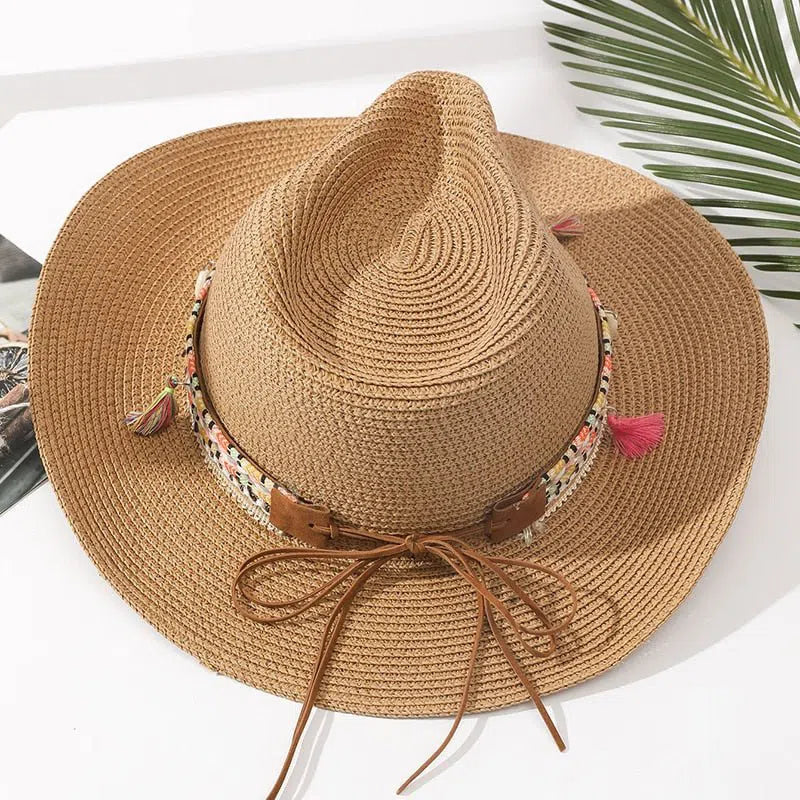 Wholesale Women Pink Tassel Cowboy Hat Floppy Beach Hats Summer Straw Hats Ladies UV Protection Hat Panama Sun Hat-Maas