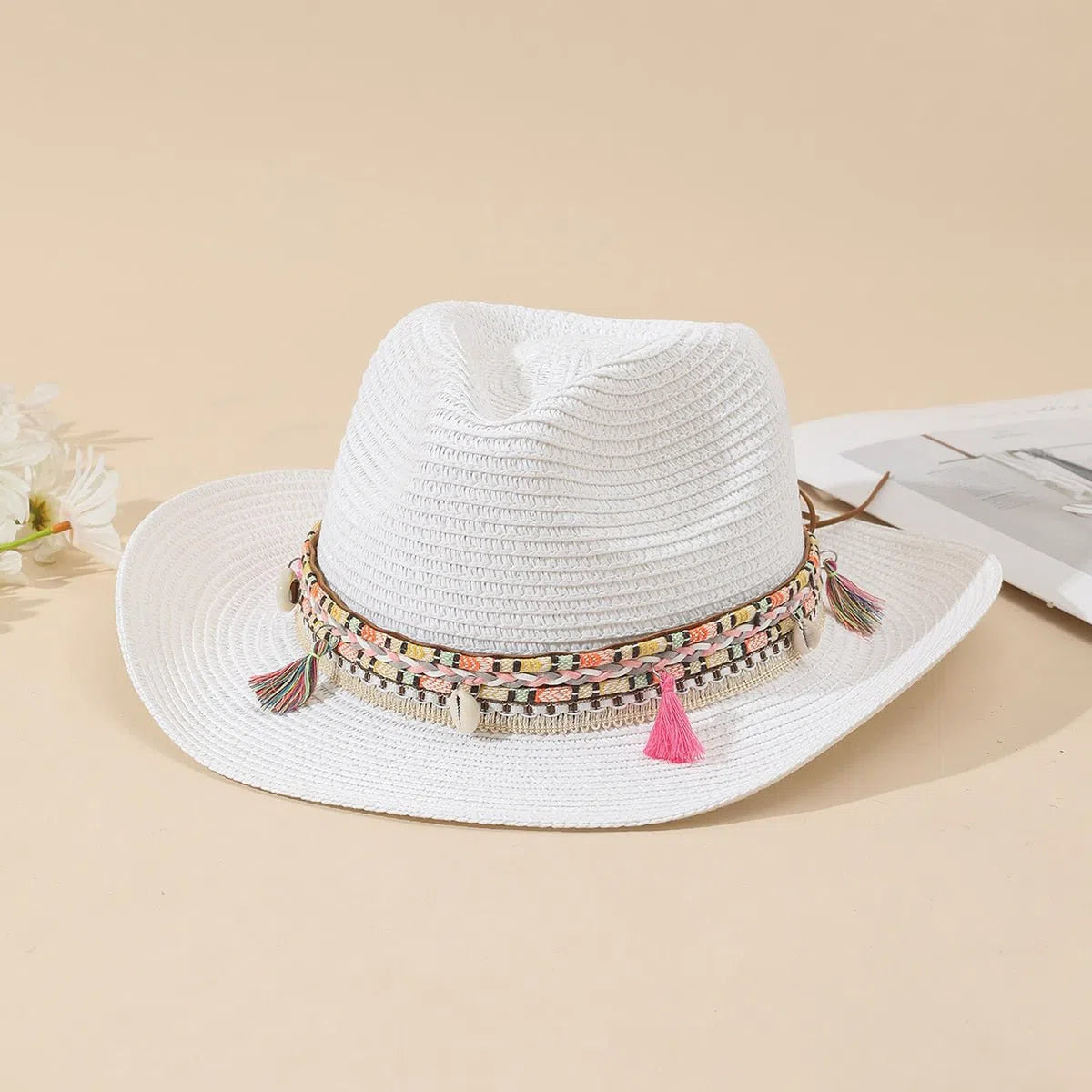 Wholesale Women Pink Tassel Cowboy Hat Floppy Beach Hats Summer Straw Hats Ladies UV Protection Hat Panama Sun Hat-Maas