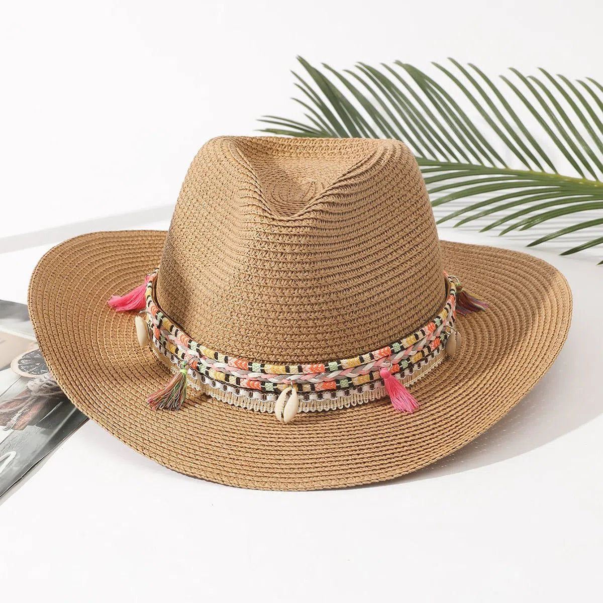 Wholesale Women Pink Tassel Cowboy Hat Floppy Beach Hats Summer Straw Hats Ladies UV Protection Hat Panama Sun Hat-Maas