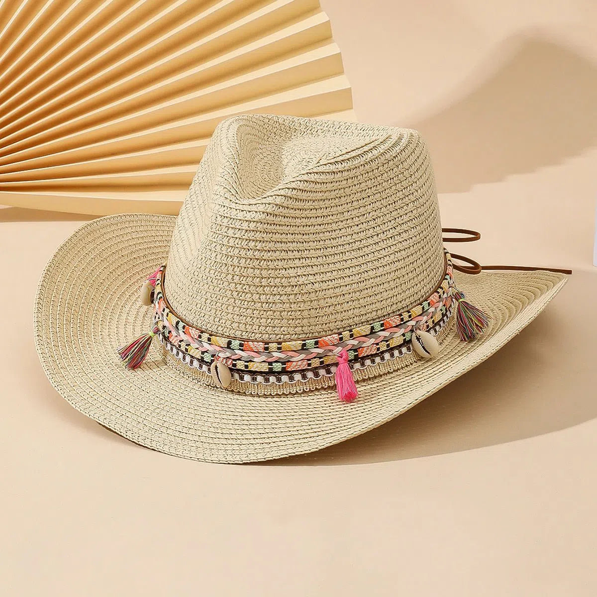 Wholesale Women Pink Tassel Cowboy Hat Floppy Beach Hats Summer Straw Hats Ladies UV Protection Hat Panama Sun Hat-Maas