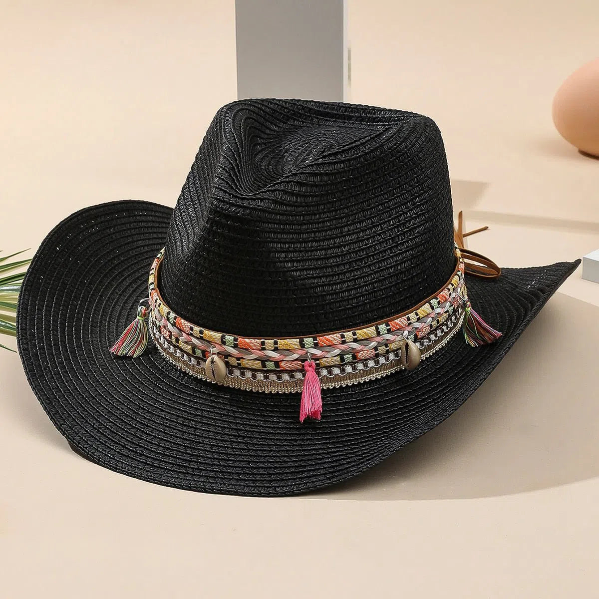 Wholesale Women Pink Tassel Cowboy Hat Floppy Beach Hats Summer Straw Hats Ladies UV Protection Hat Panama Sun Hat-Maas