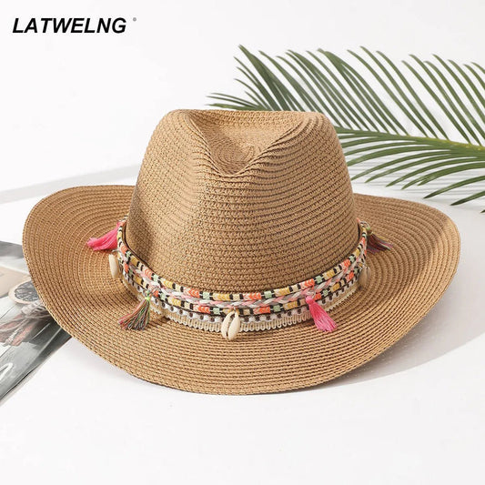 Wholesale Women Pink Tassel Cowboy Hat Floppy Beach Hats Summer Straw Hats Ladies UV Protection Hat Panama Sun Hat-Maas