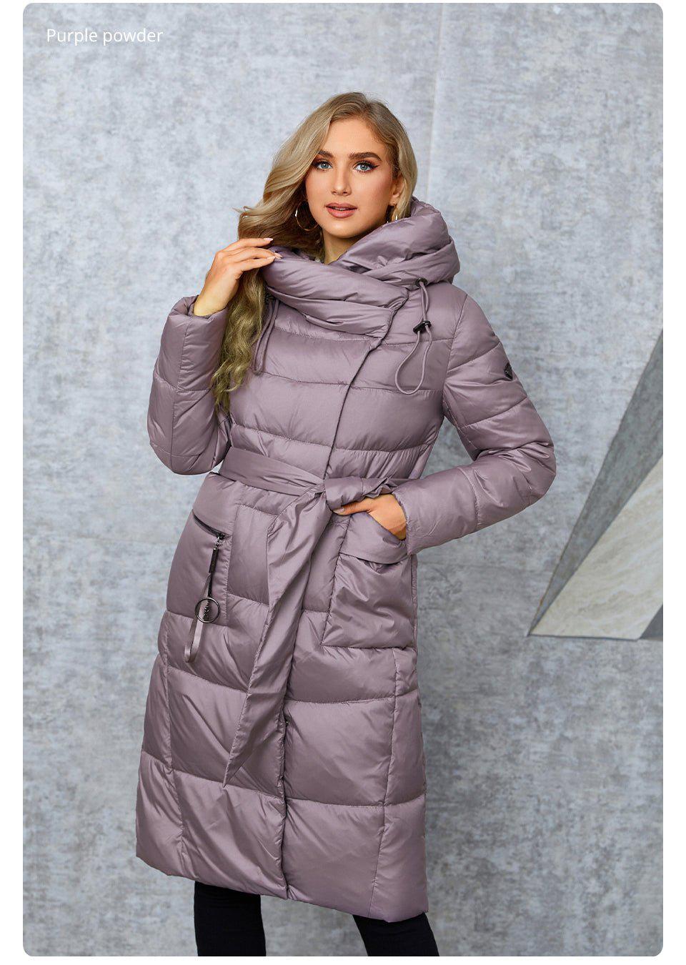 Winter Down Jacket Women's Long zipper Belt Pocket Hooded Slim Parkas Coat-Maas