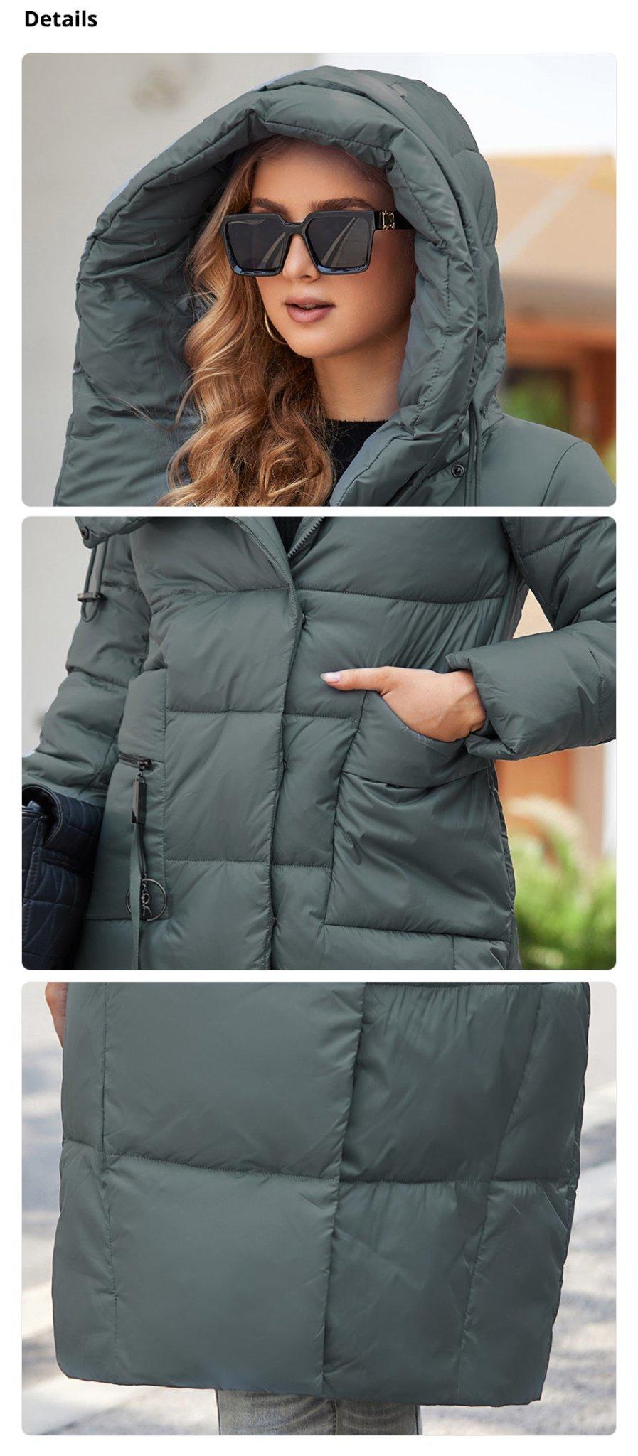 Winter Down Jacket Women's Long zipper Belt Pocket Hooded Slim Parkas Coat-Maas