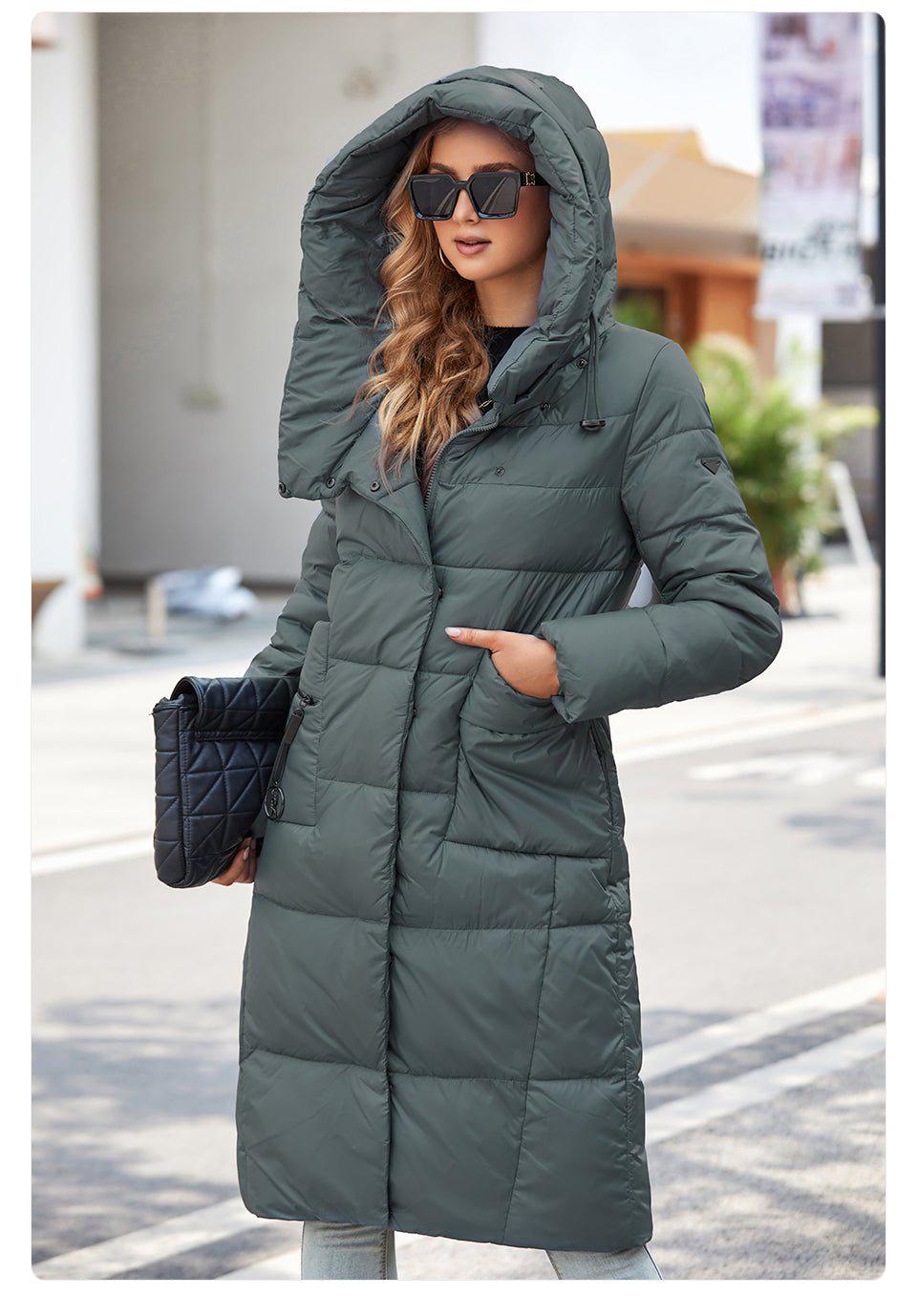 Winter Down Jacket Women's Long zipper Belt Pocket Hooded Slim Parkas Coat-Maas