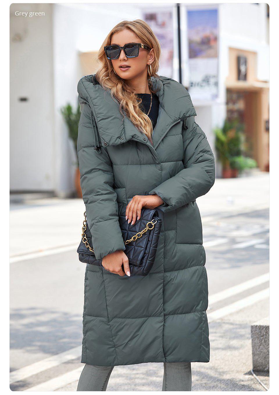 Winter Down Jacket Women's Long zipper Belt Pocket Hooded Slim Parkas Coat-Maas