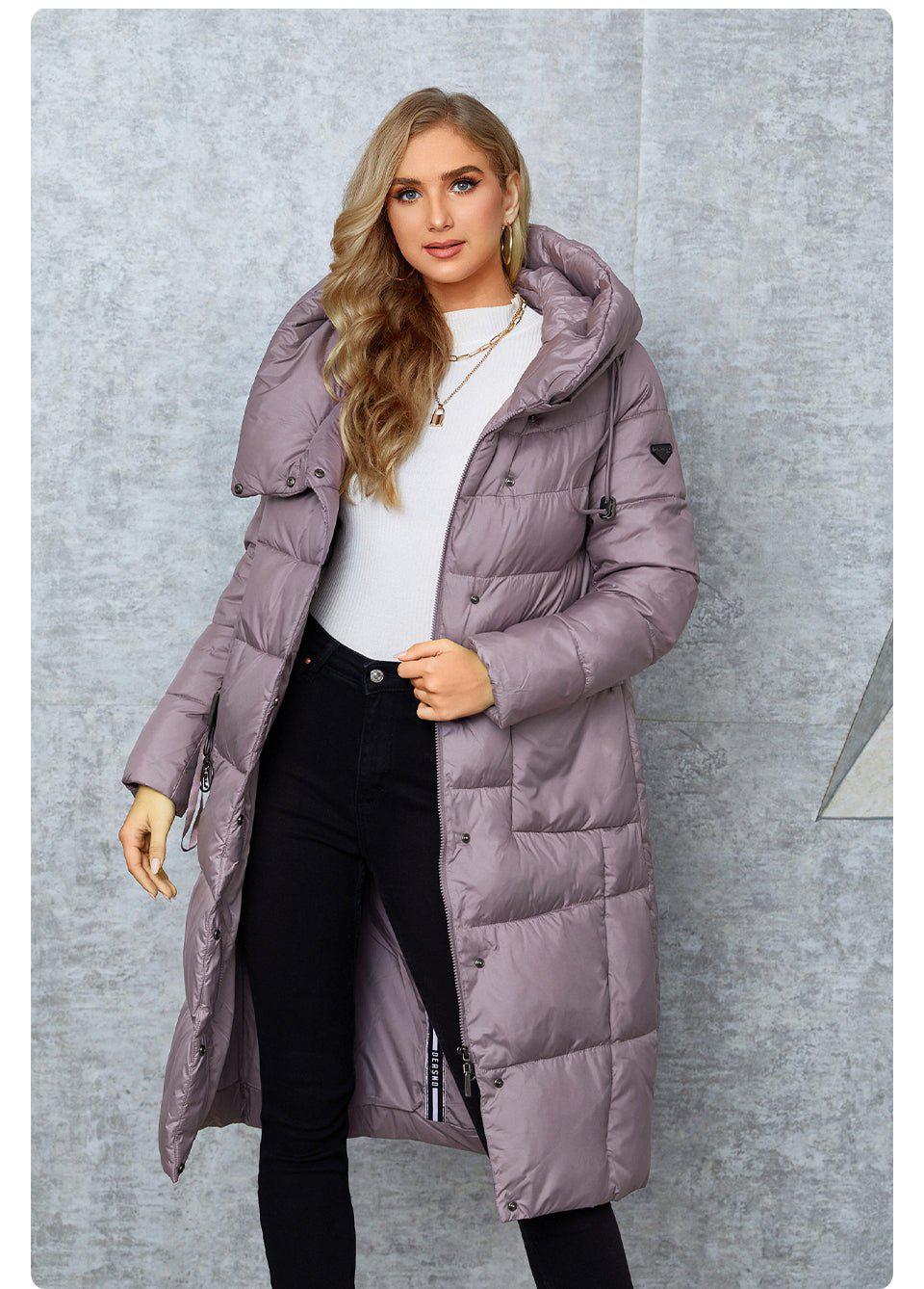 Winter Down Jacket Women's Long zipper Belt Pocket Hooded Slim Parkas Coat-Maas