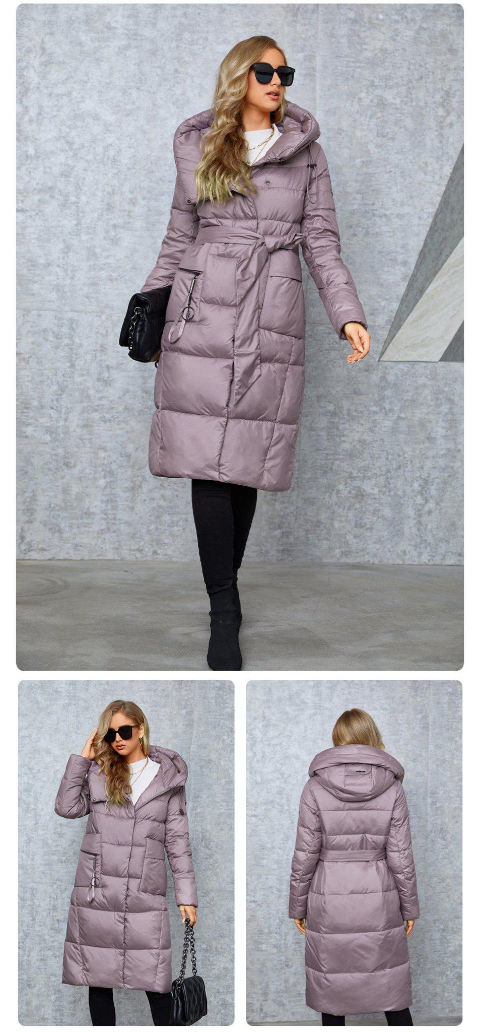 Winter Down Jacket Women's Long zipper Belt Pocket Hooded Slim Parkas Coat-Maas