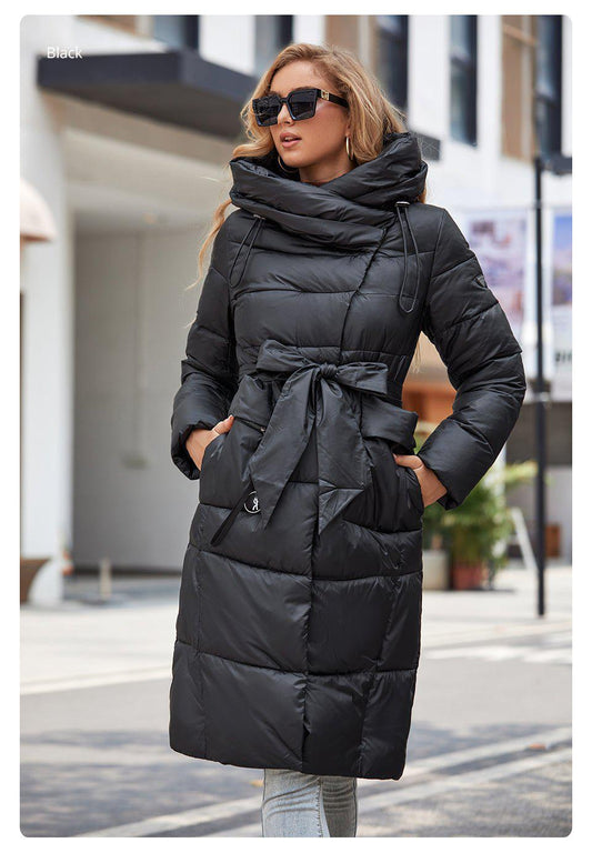 Winter Down Jacket Women's Long zipper Belt Pocket Hooded Slim Parkas Coat-Maas