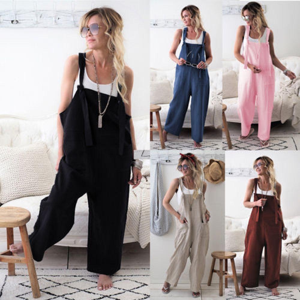 Women Casual Loose Cotton Linen Solid Pockets Jumpsuit-Maas