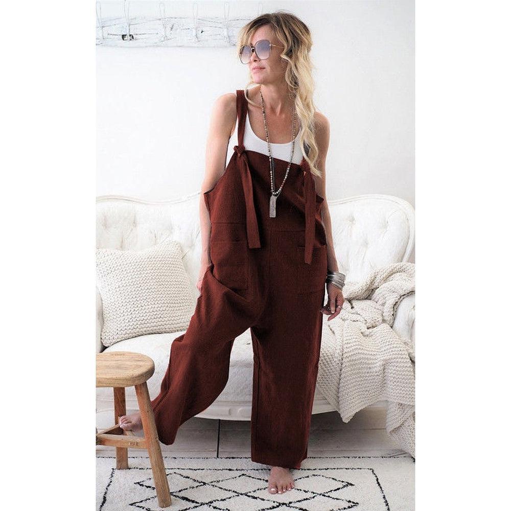 Women Casual Loose Cotton Linen Solid Pockets Jumpsuit-Maas