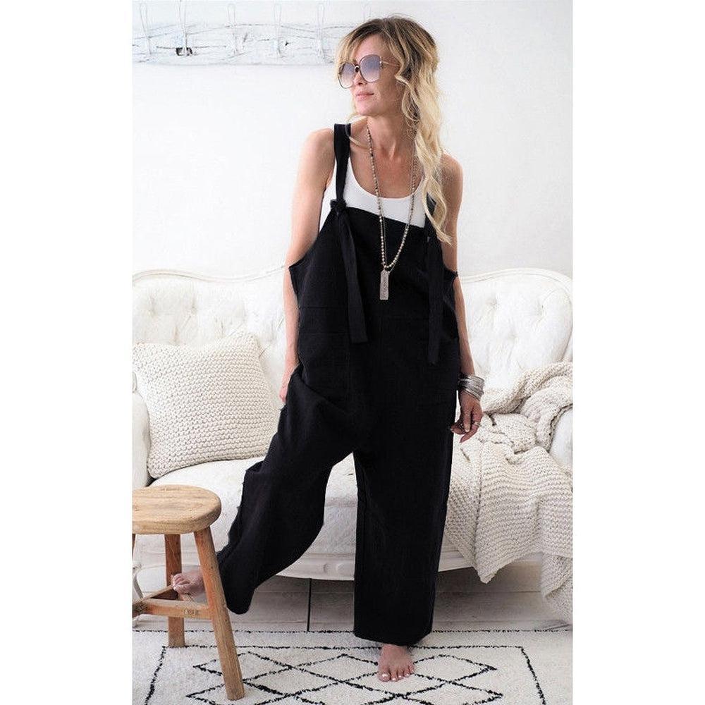 Women Casual Loose Cotton Linen Solid Pockets Jumpsuit-Maas