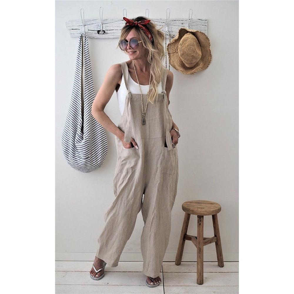 Women Casual Loose Cotton Linen Solid Pockets Jumpsuit-Maas