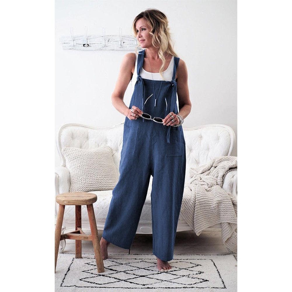 Women Casual Loose Cotton Linen Solid Pockets Jumpsuit-Maas