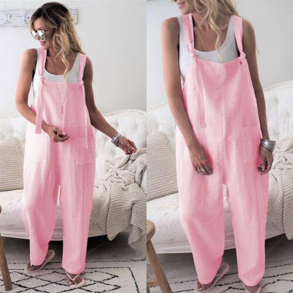 Women Casual Loose Cotton Linen Solid Pockets Jumpsuit-Maas