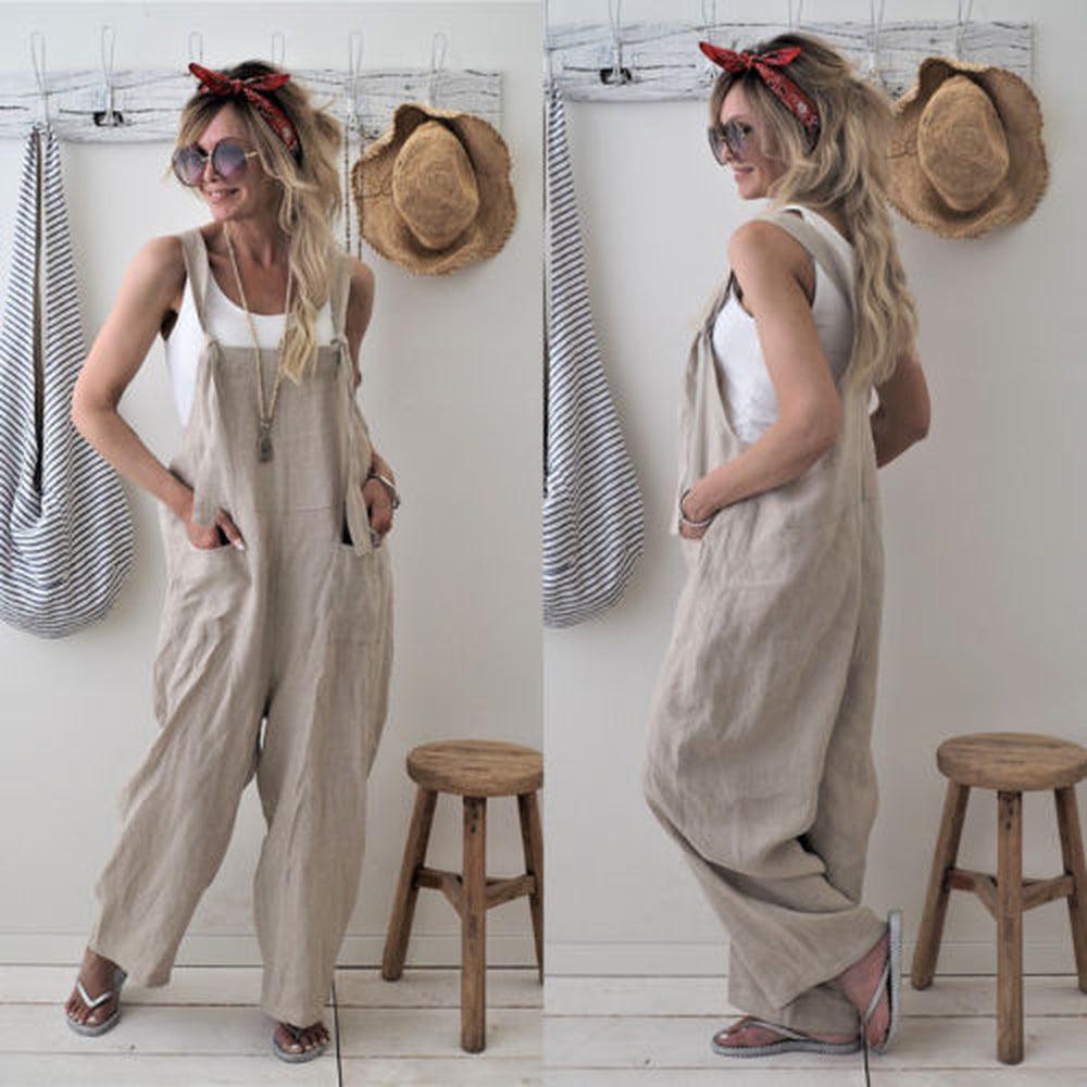 Women Casual Loose Cotton Linen Solid Pockets Jumpsuit-Maas