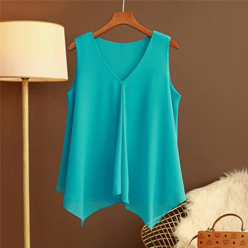 Women Chiffon Blouse Shirt Loose Sleeveless V Neck Plus Size-Maas