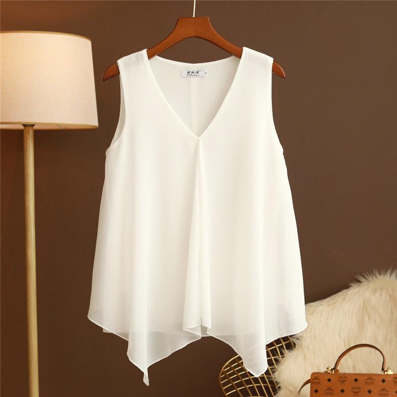 Women Chiffon Blouse Shirt Loose Sleeveless V Neck Plus Size-Maas