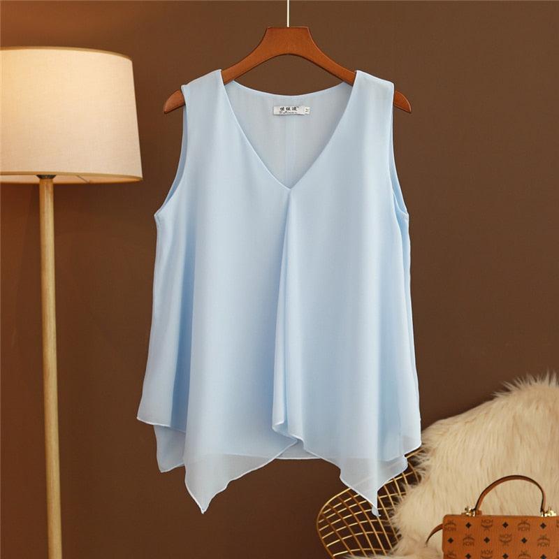 Women Chiffon Blouse Shirt Loose Sleeveless V Neck Plus Size-Maas