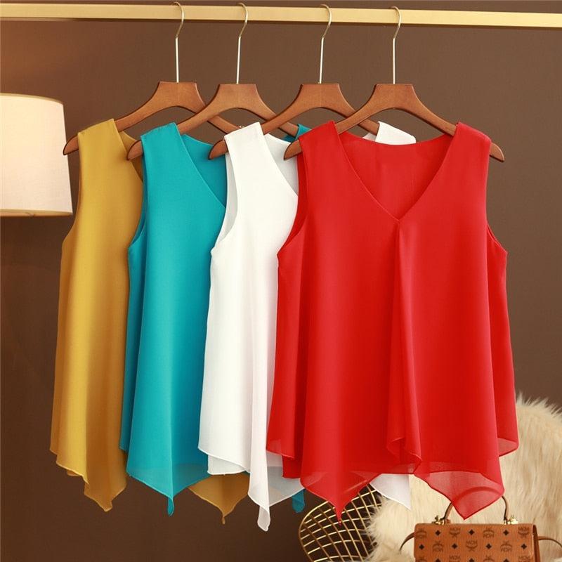 Women Chiffon Blouse Shirt Loose Sleeveless V Neck Plus Size-Maas