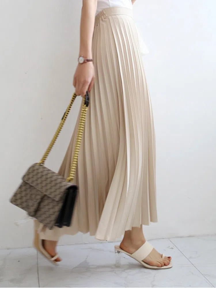 Women Elegant Chic Solid Pleated Skirt High Waist Elastic-Maas