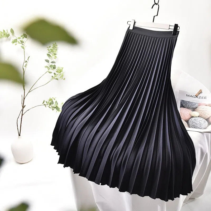 Women Elegant Chic Solid Pleated Skirt High Waist Elastic-Maas