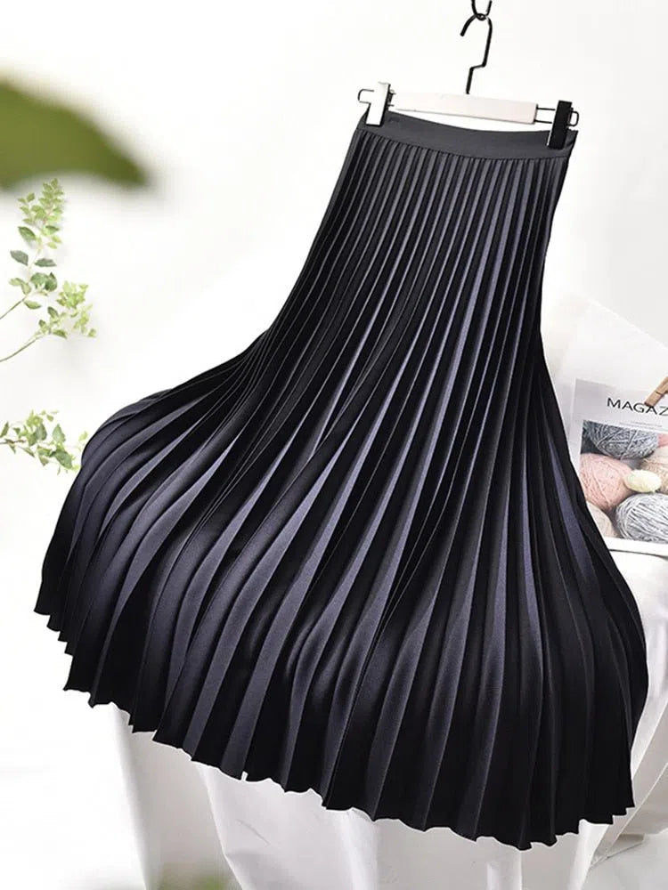 Women Elegant Chic Solid Pleated Skirt High Waist Elastic-Maas