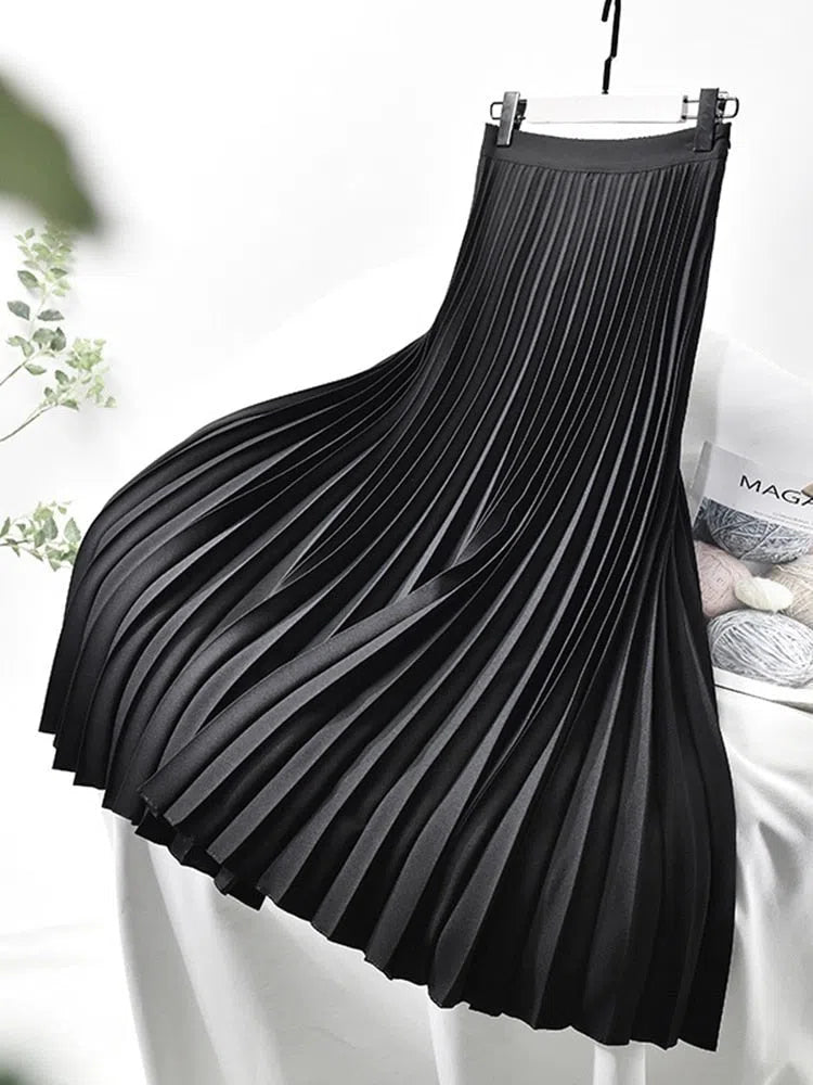 Women Elegant Chic Solid Pleated Skirt High Waist Elastic-Maas