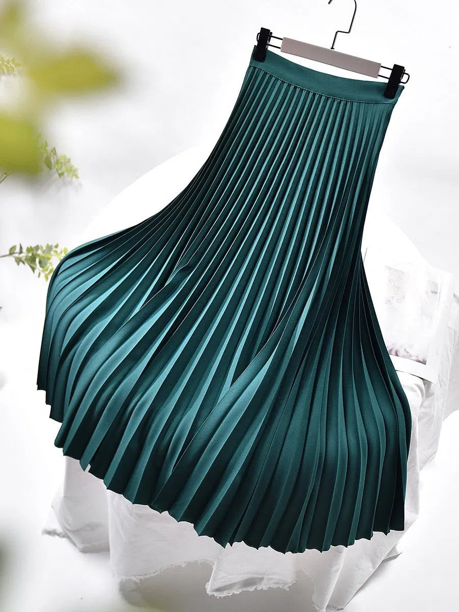 Women Elegant Chic Solid Pleated Skirt High Waist Elastic-Maas