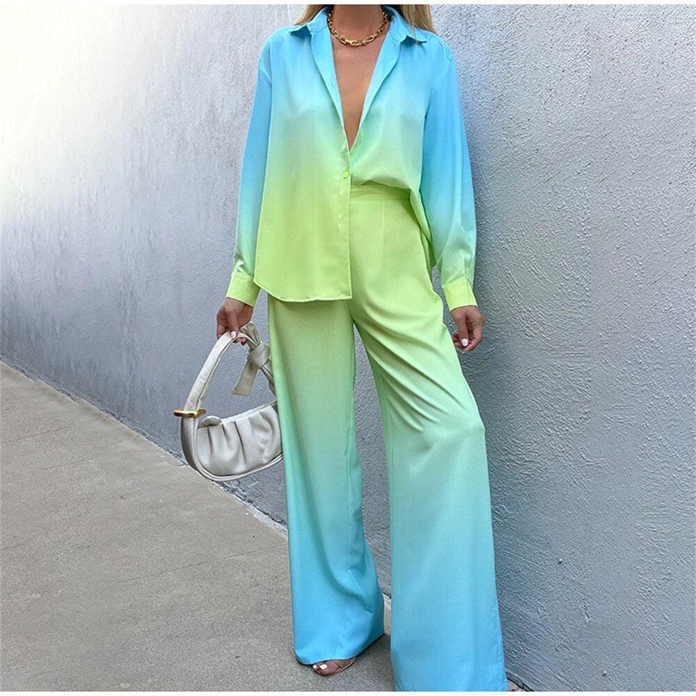 Women Pants Sets Long Sleeve + Wide Leg Long Pants suit-Maas