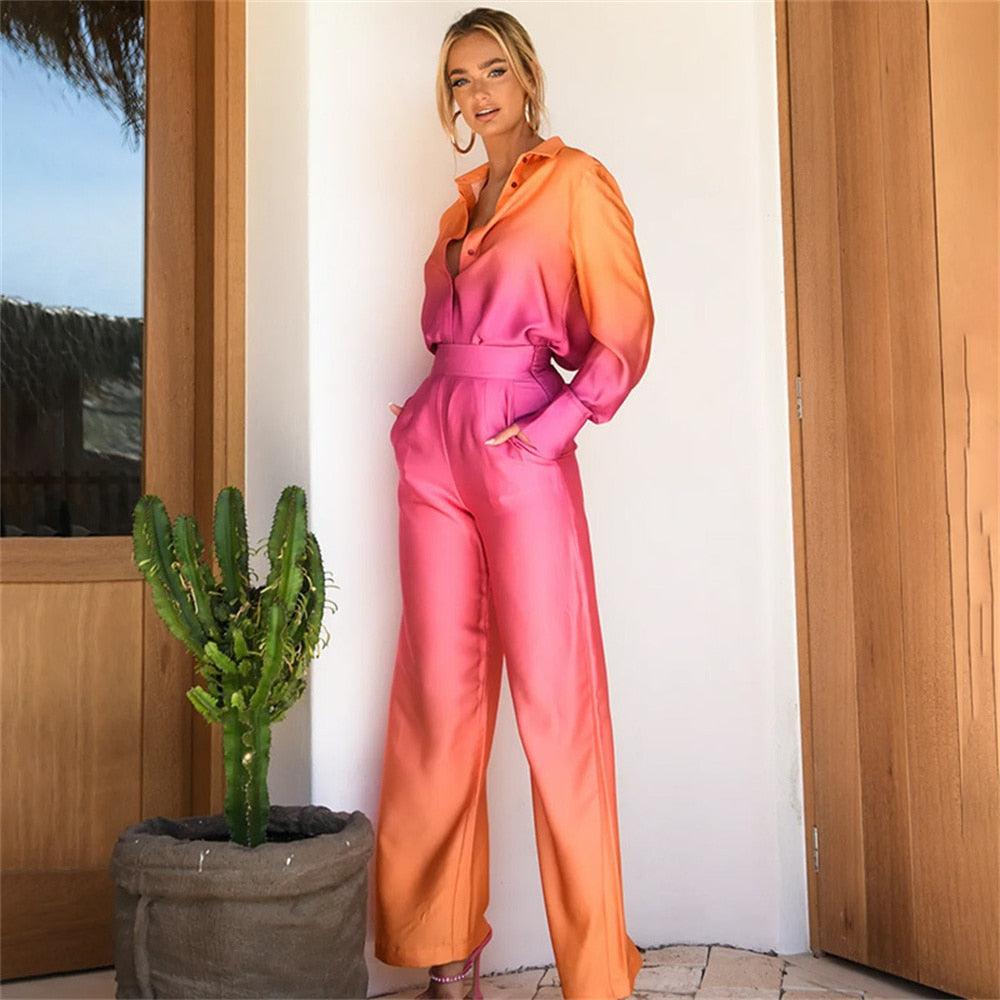 Women Pants Sets Long Sleeve + Wide Leg Long Pants suit-Maas