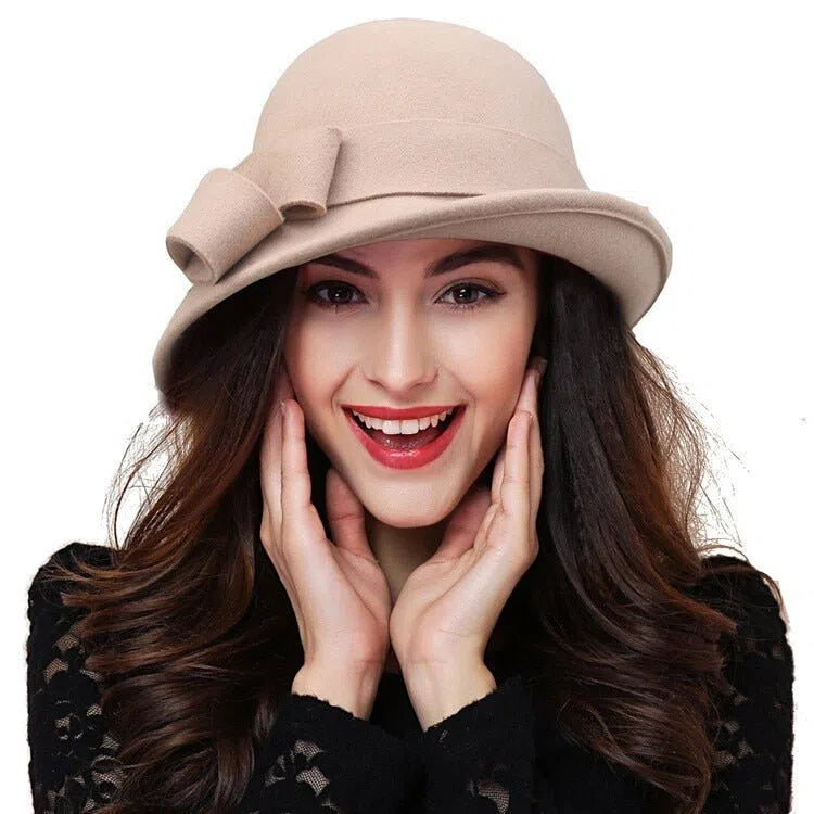 Women Party Formal Headwear Lady Winter Fashion Asymmetric Bowknot 100% Wool Felt Hats-Maas