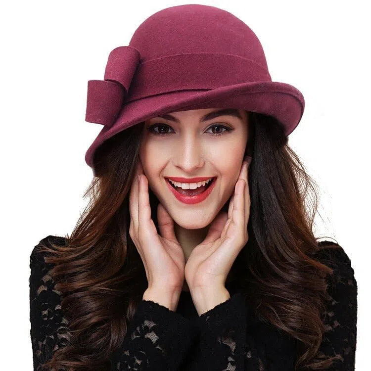 Women Party Formal Headwear Lady Winter Fashion Asymmetric Bowknot 100% Wool Felt Hats-Maas