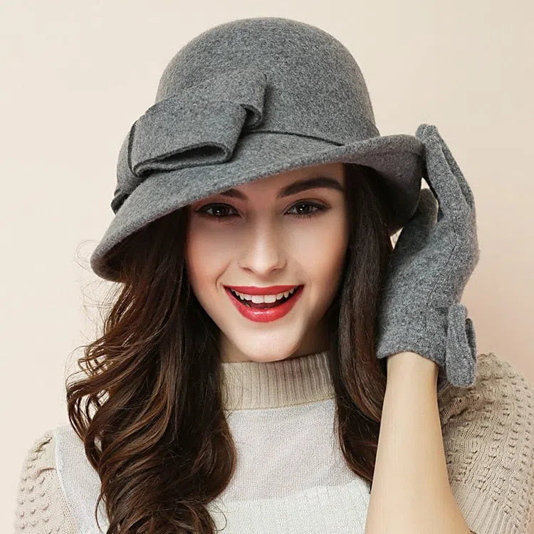 Women Party Formal Headwear Lady Winter Fashion Asymmetric Bowknot 100% Wool Felt Hats-Maas