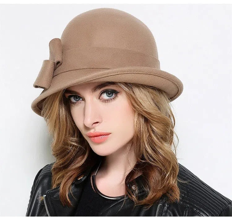 Women Party Formal Headwear Lady Winter Fashion Asymmetric Bowknot 100% Wool Felt Hats-Maas