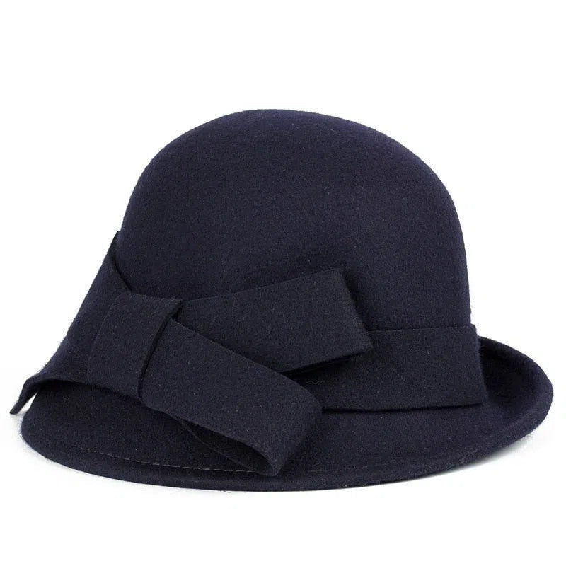 Women Party Formal Headwear Lady Winter Fashion Asymmetric Bowknot 100% Wool Felt Hats-Maas