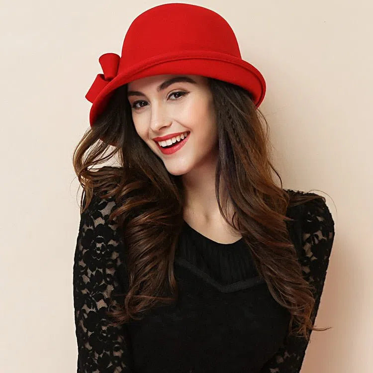 Women Party Formal Headwear Lady Winter Fashion Asymmetric Bowknot 100% Wool Felt Hats-Maas