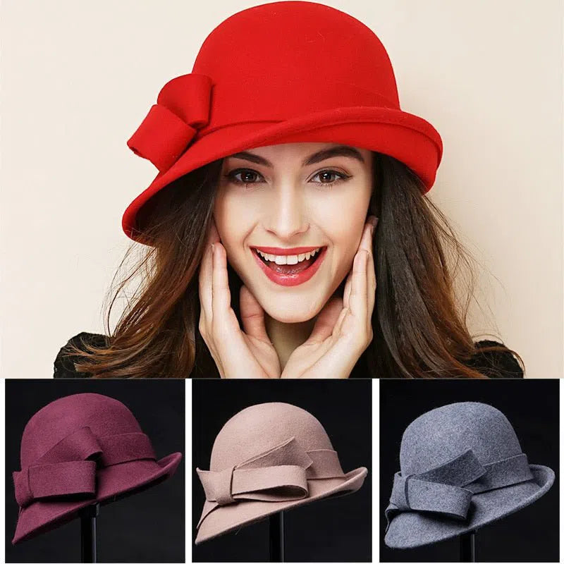 Women Party Formal Headwear Lady Winter Fashion Asymmetric Bowknot 100% Wool Felt Hats-Maas