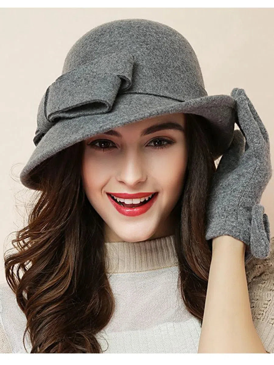 Women Party Formal Headwear Lady Winter Fashion Asymmetric Bowknot 100% Wool Felt Hats-Maas