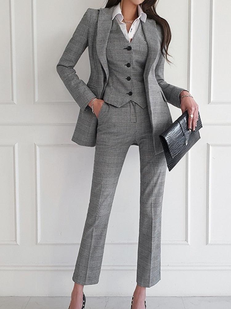 Women's 3 Pcs Suit Long Sleeve Jackets Vest and Straight Pants-Maas