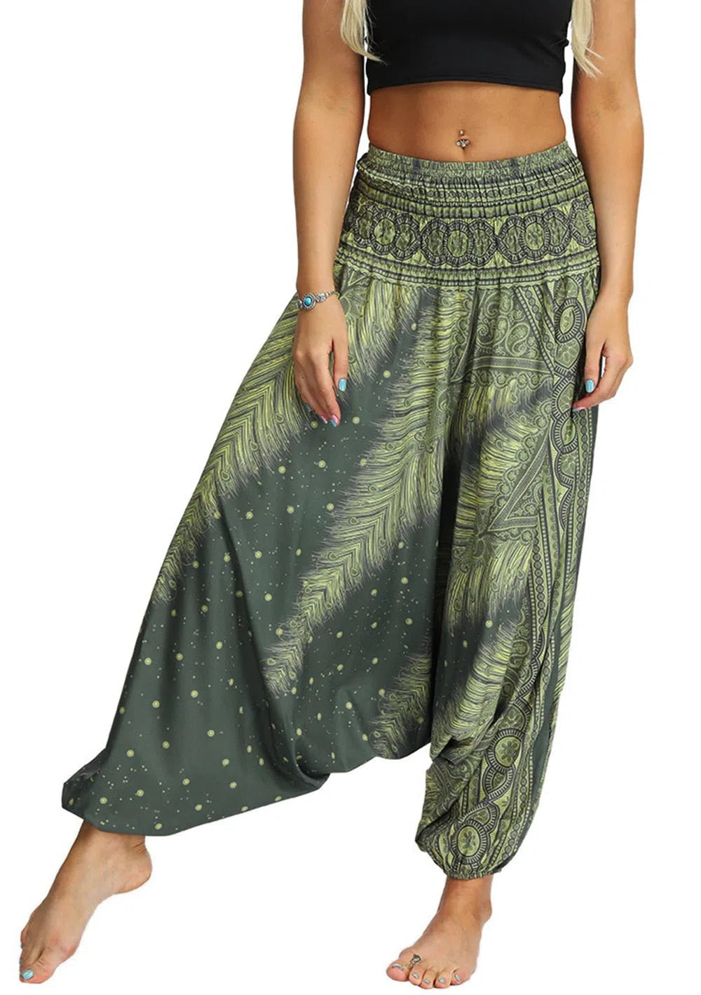 Women's Bohemian Harem Pants Smocked Waist Trousers-Maas