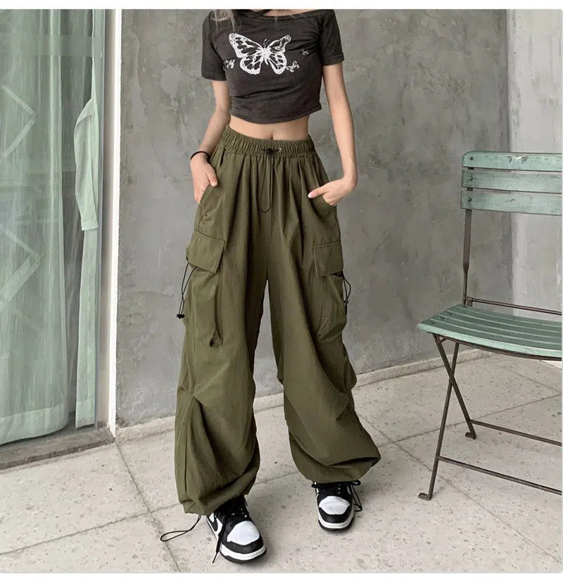 Women's Cargo Pants Solid Pockets Drawstring Baggy Trousers-Maas