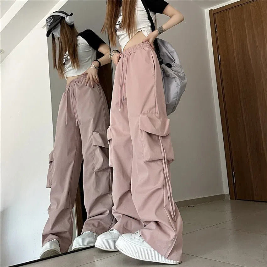 Women's Cargo Pants Solid Pockets Drawstring Baggy Trousers-Maas