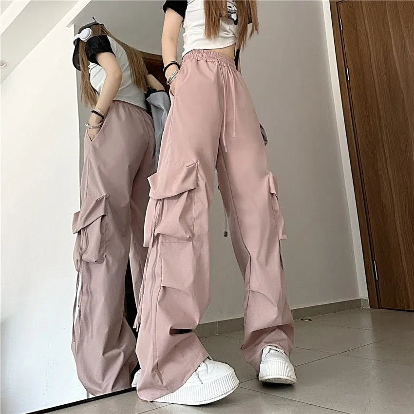 Women's Cargo Pants Solid Pockets Drawstring Baggy Trousers-Maas