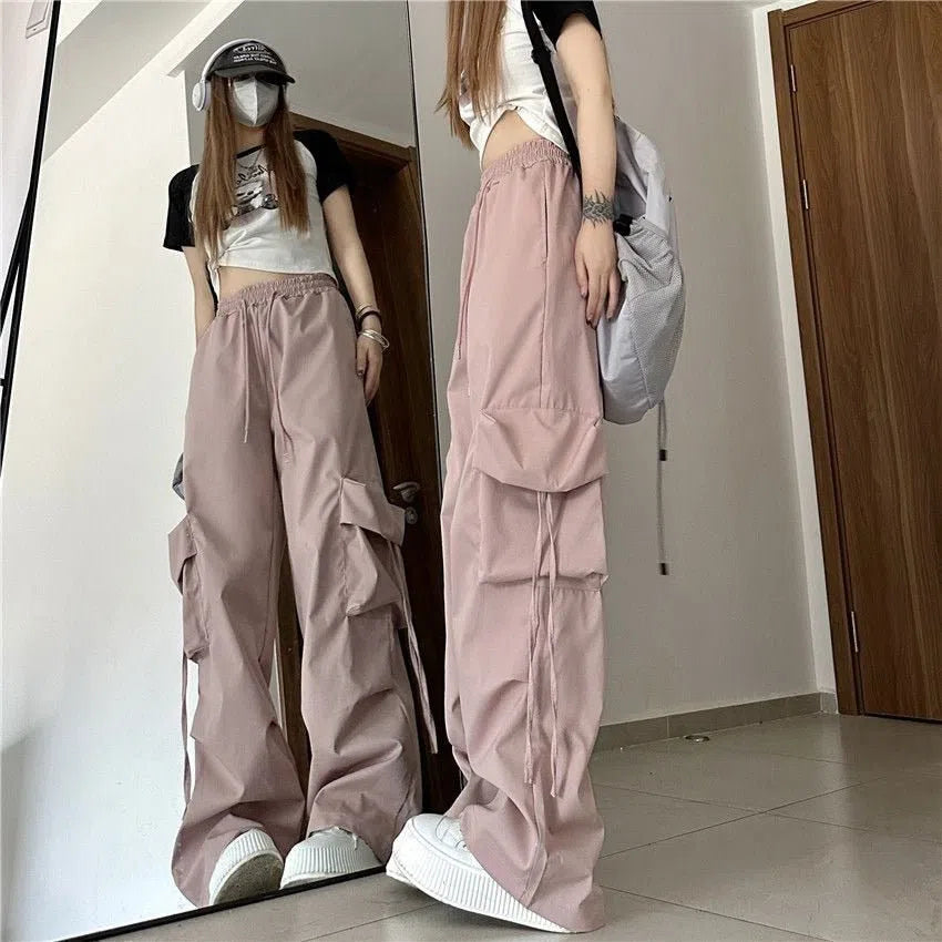 Women's Cargo Pants Solid Pockets Drawstring Baggy Trousers-Maas