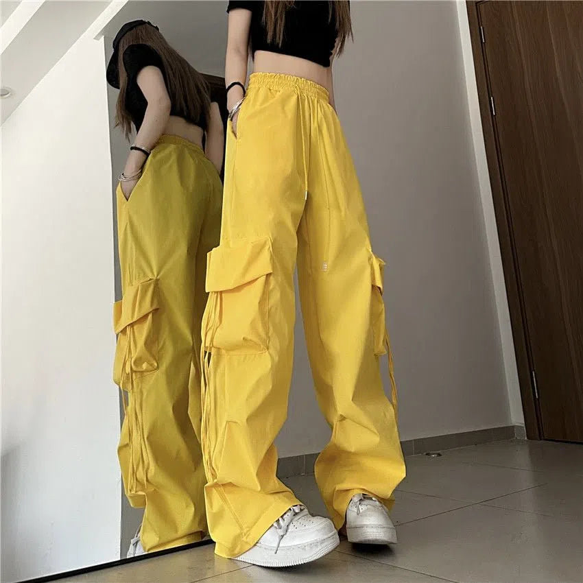 Women's Cargo Pants Solid Pockets Drawstring Baggy Trousers-Maas