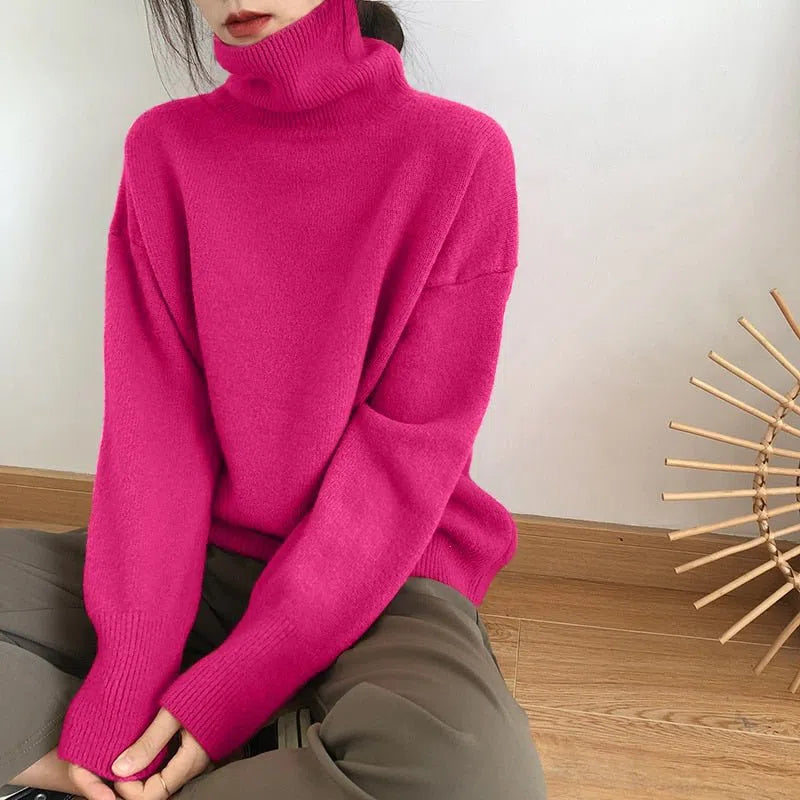 Women's Cashmere Turtle Neck Sweater Pullovers O Neck Loose-Maas