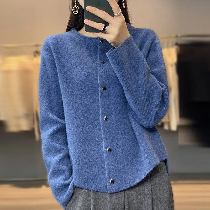 Women's Cashmere Wool Sweater Curled Round Neck Cardigan-Maas