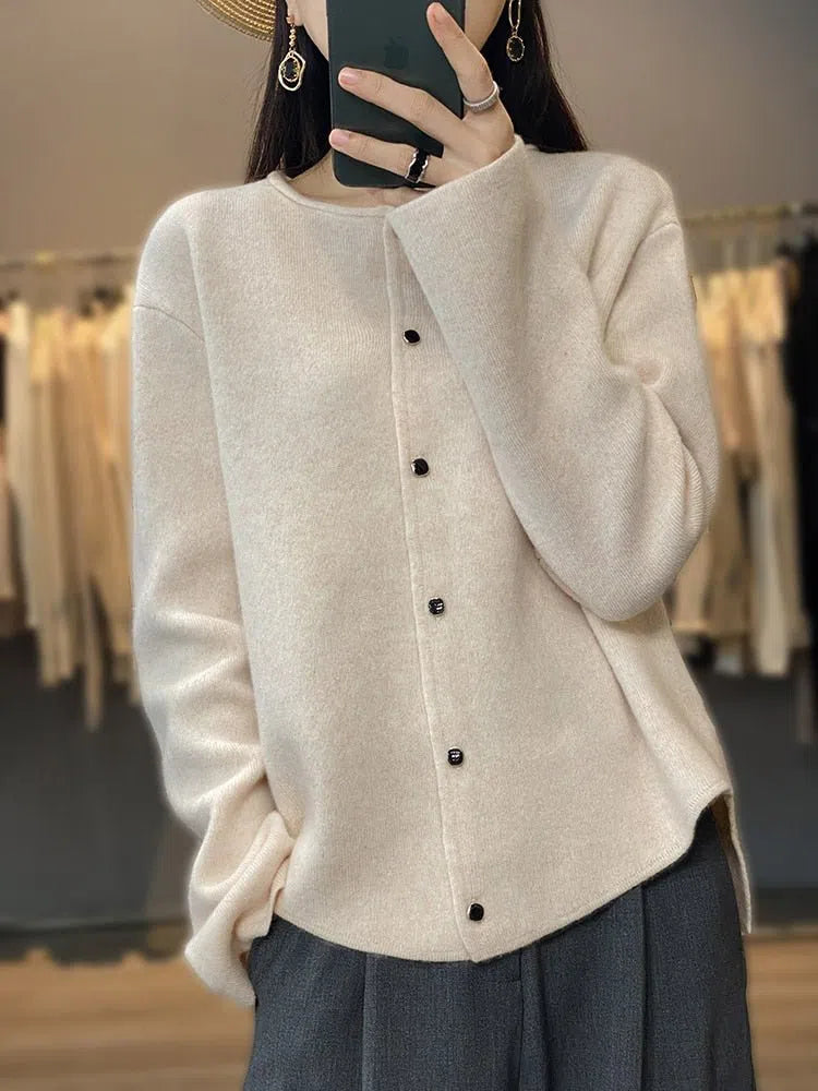 Women's Cashmere Wool Sweater Curled Round Neck Cardigan-Maas